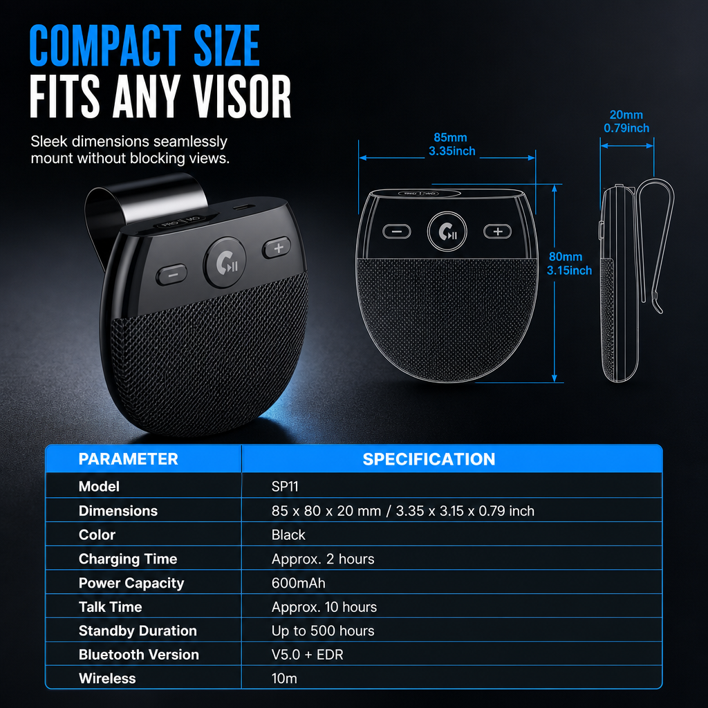 đSP11 Auton aurinkosuojan Bluetooth-handsfree-kaiutin, jossa on tĂ€rinĂ€n aktivoima automaattinen virran kytkentĂ€, A2DP-tuki ja soittajan tunnistuksen ÀÀnikehote