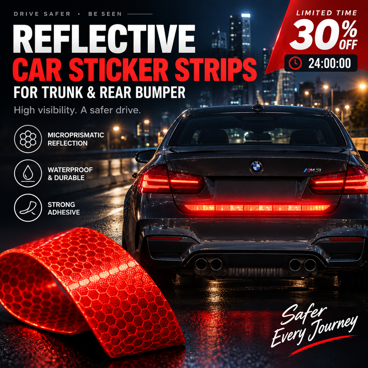 🚗 RAJOITETUN AJAN TARJOUS: 50 % ALENNUS! 🔥Heijastavat autotarranauhat tavaratilaan ja takapuskurille