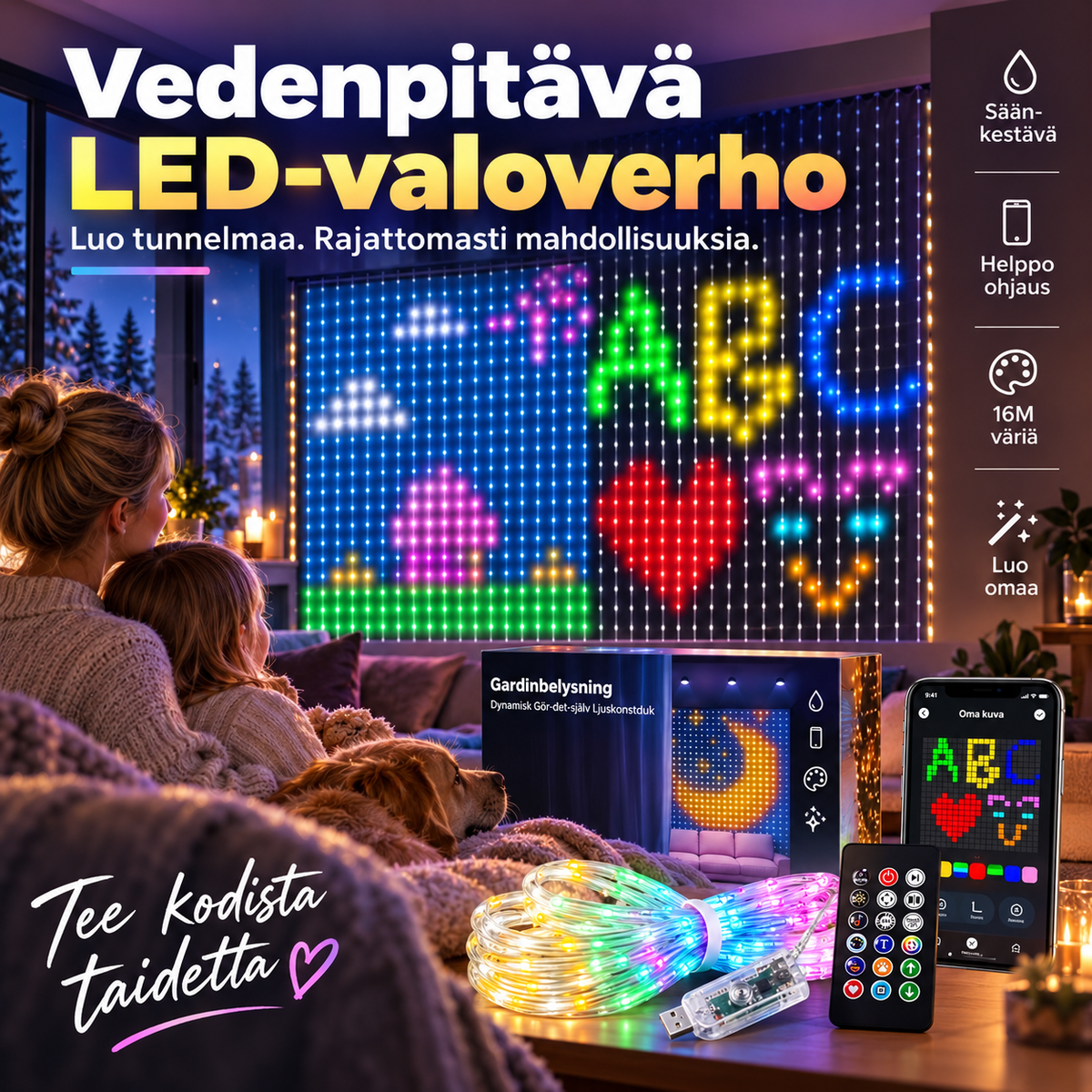 💡Vedenpitävä LED-valoverho🎵Ohjaus sovelluksella + musiikkisynkronointi! Värikkäät valot liikkuvat musiikin tahdissa – täydellinen valinta koristeeksi ja juhliin🏠