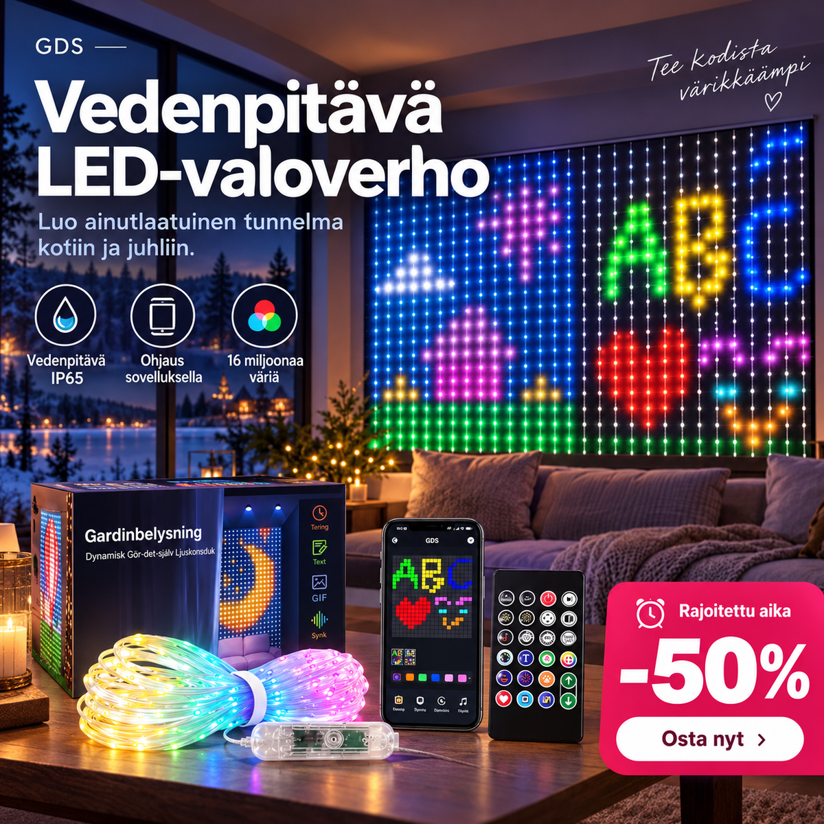 💡Vedenpitävä LED-valoverho🎵Ohjaus sovelluksella + musiikkisynkronointi! Värikkäät valot liikkuvat musiikin tahdissa – täydellinen valinta koristeeksi ja juhliin🏠