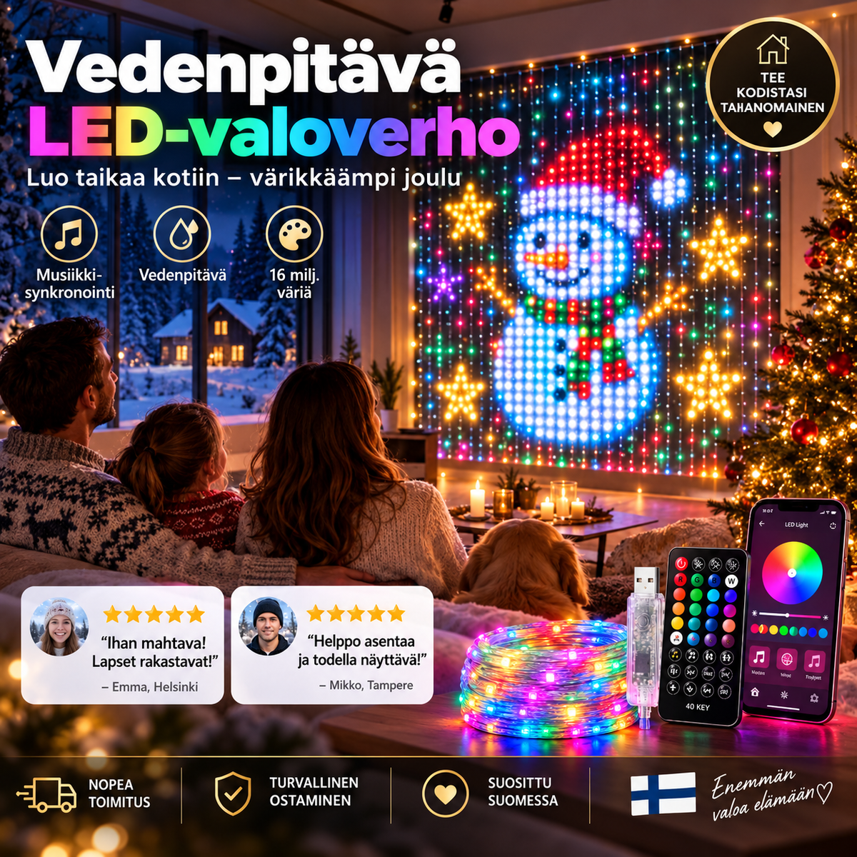 💡Vedenpitävä LED-valoverho🎵Ohjaus sovelluksella + musiikkisynkronointi! Värikkäät valot liikkuvat musiikin tahdissa – täydellinen valinta koristeeksi ja juhliin🏠