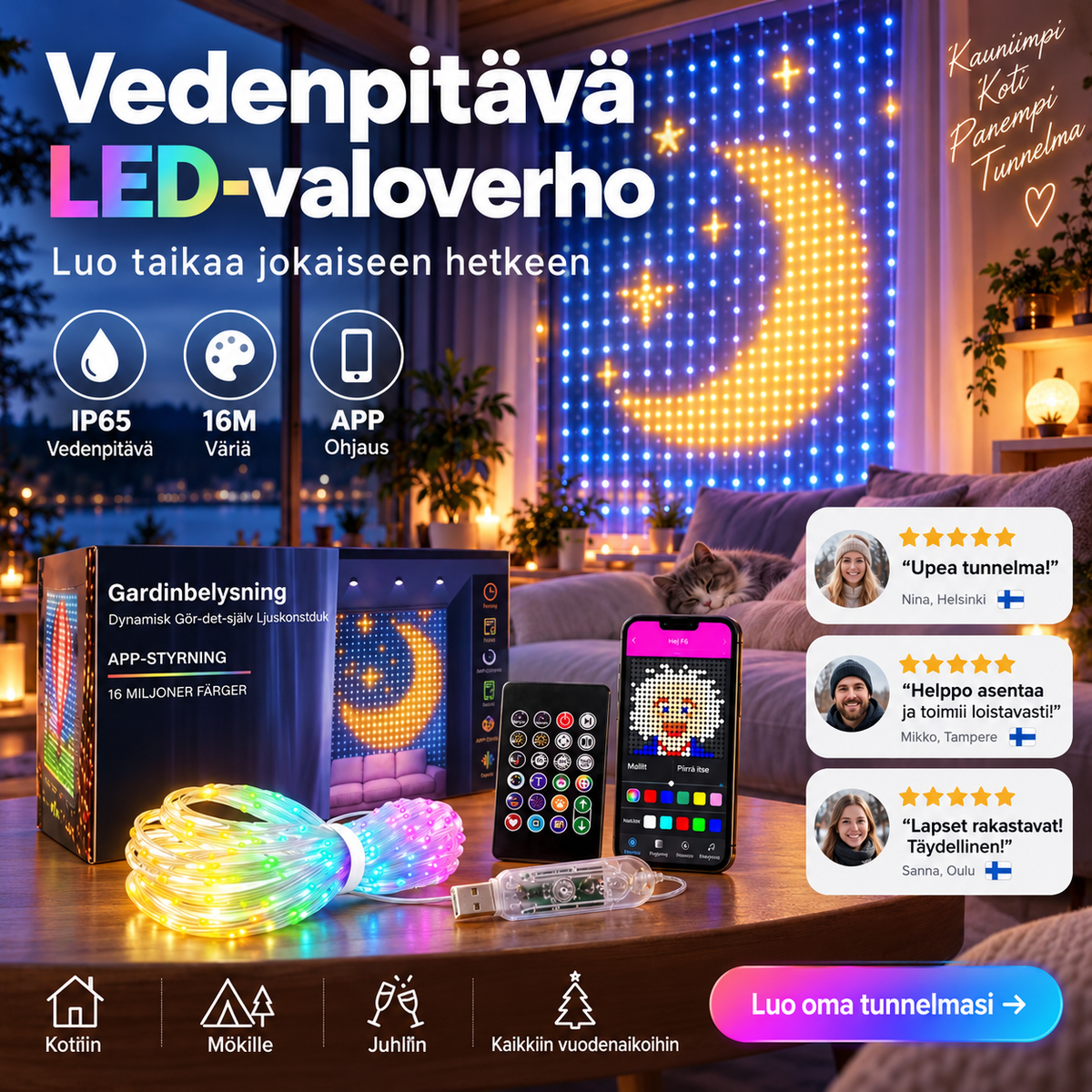 💡Vedenpitävä LED-valoverho🎵Ohjaus sovelluksella + musiikkisynkronointi! Värikkäät valot liikkuvat musiikin tahdissa – täydellinen valinta koristeeksi ja juhliin🏠