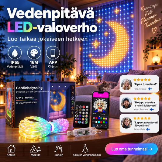 💡Vedenpitävä LED-valoverho🎵Ohjaus sovelluksella + musiikkisynkronointi! Värikkäät valot liikkuvat musiikin tahdissa – täydellinen valinta koristeeksi ja juhliin🏠