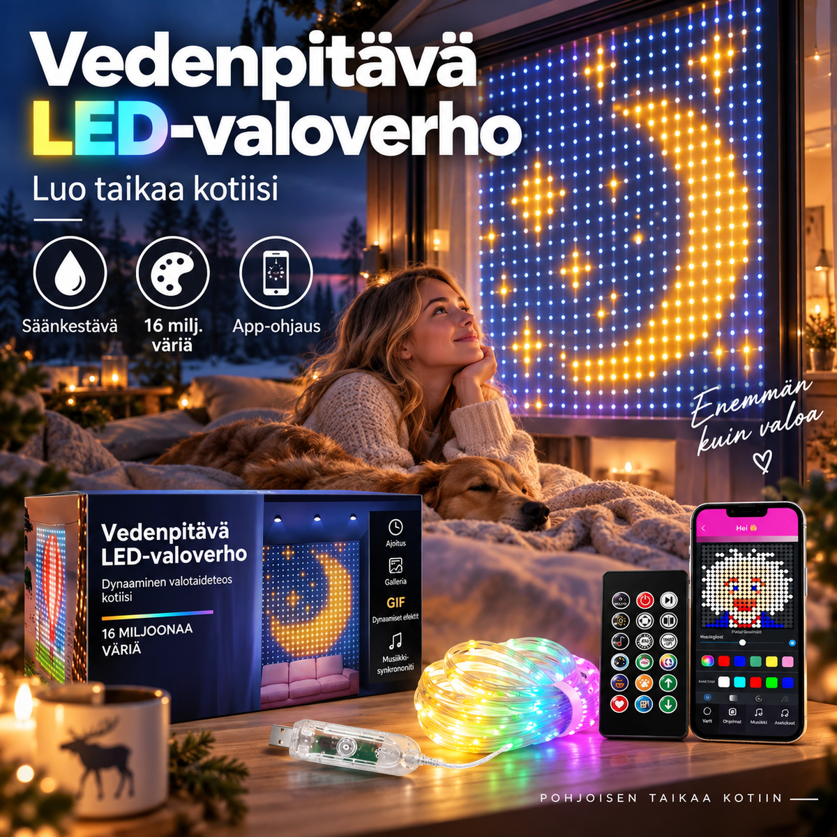 💡Vedenpitävä LED-valoverho🎵Ohjaus sovelluksella + musiikkisynkronointi! Värikkäät valot liikkuvat musiikin tahdissa – täydellinen valinta koristeeksi ja juhliin🏠