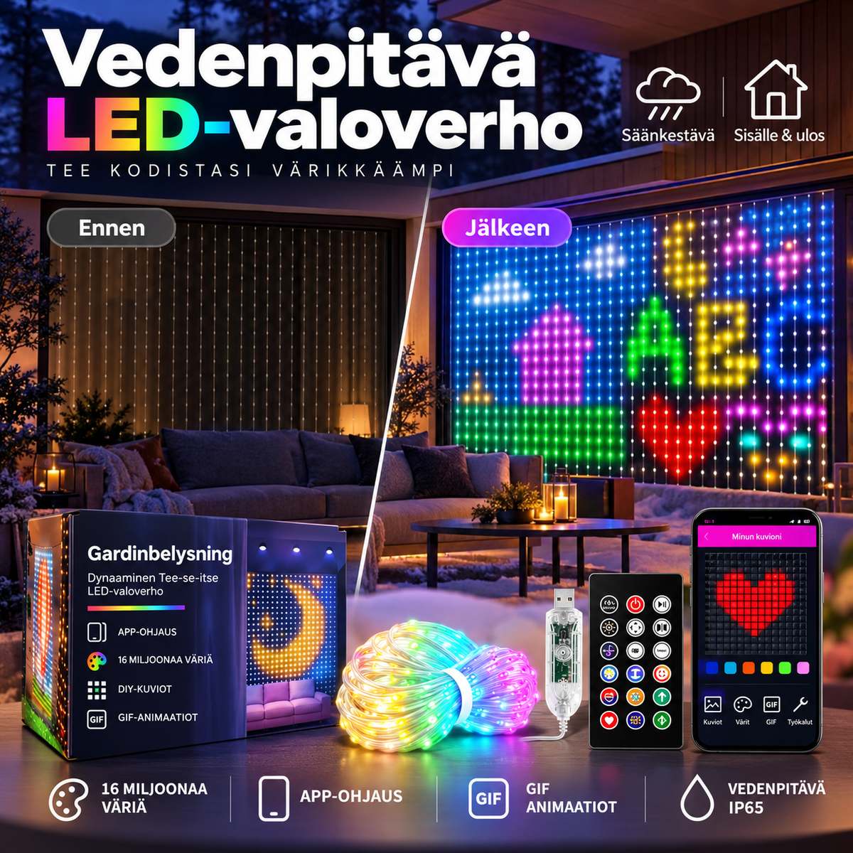 💡Vedenpitävä LED-valoverho🎵Ohjaus sovelluksella + musiikkisynkronointi! Värikkäät valot liikkuvat musiikin tahdissa – täydellinen valinta koristeeksi ja juhliin🏠