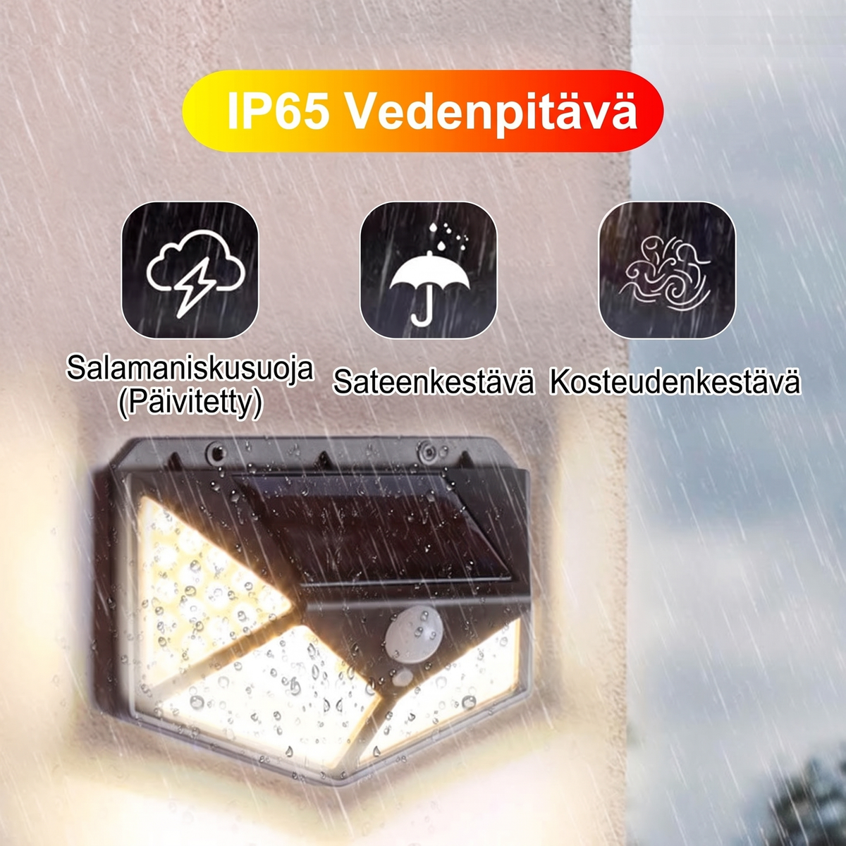 🌙💡 140 LEDin aurinkokäyttöinen seinävalaisin – 120° liiketunnistin, IP65-suojaus ja automaattinen valaistus pihalle ja mökille ☀️