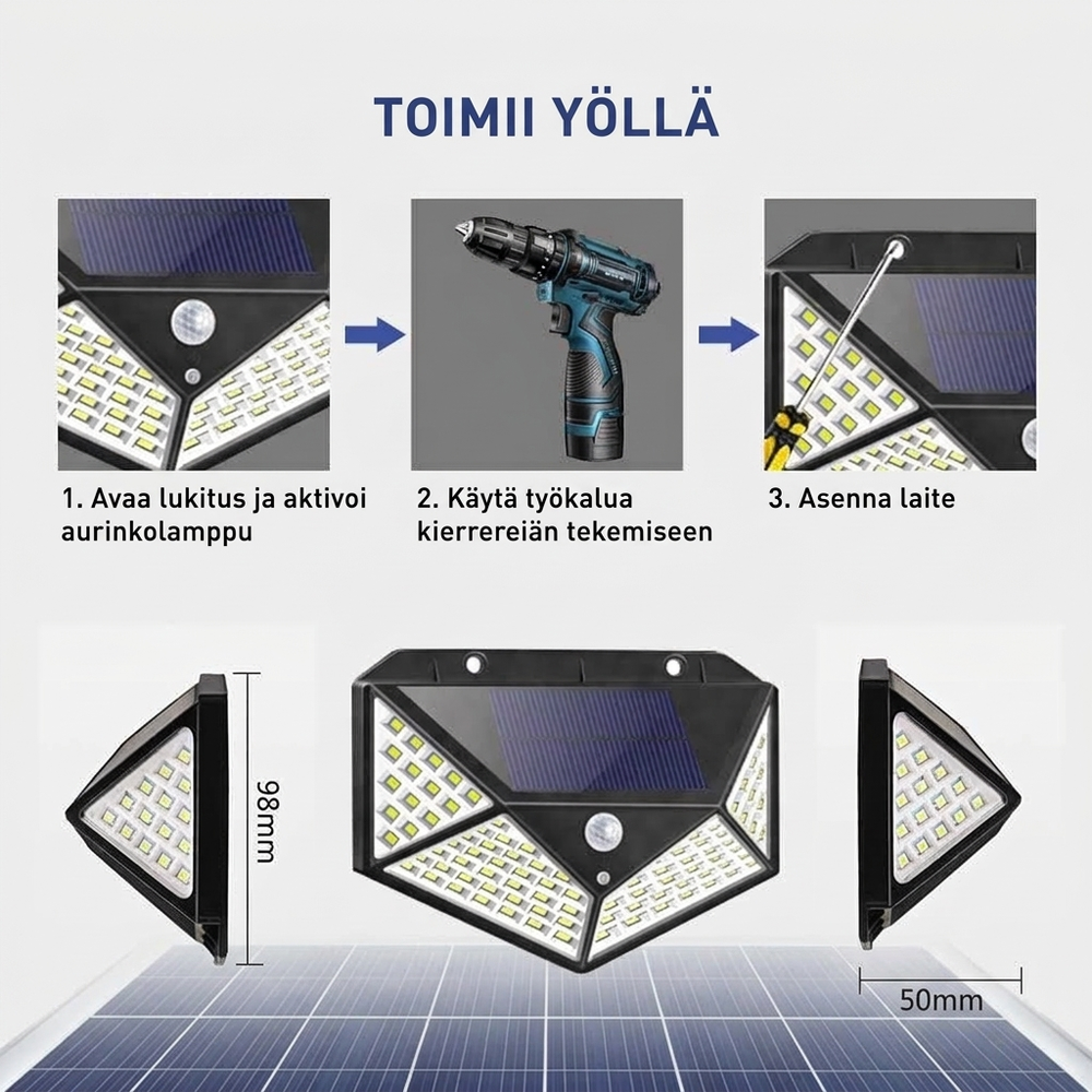 🌙💡 140 LEDin aurinkokäyttöinen seinävalaisin – 120° liiketunnistin, IP65-suojaus ja automaattinen valaistus pihalle ja mökille ☀️