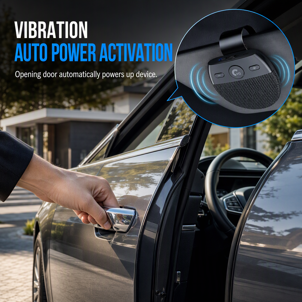 🚗SP11 Auton aurinkosuojan Bluetooth-handsfree-kaiutin, jossa on tärinän aktivoima automaattinen virran kytkentä, A2DP-tuki ja soittajan tunnistuksen äänikehote