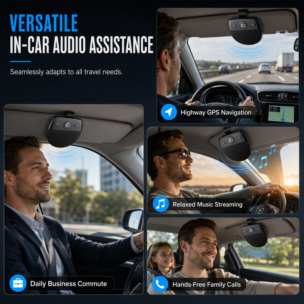🚗SP11 Auton aurinkosuojan Bluetooth-handsfree-kaiutin, jossa on tärinän aktivoima automaattinen virran kytkentä, A2DP-tuki ja soittajan tunnistuksen äänikehote