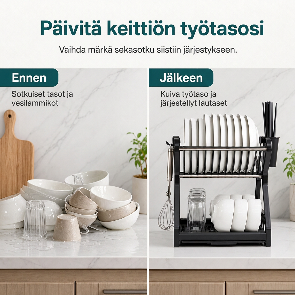 🍽️💧Säästä nyt 50 %! Monikerroksinen teräksinen astiankuivaus teline – kaksikerroksinen pystysuora astiasäilytys, jossa on tarjotin ja ruokailuvälineiden pidike, työkaluton asennus keittiön tasolle.