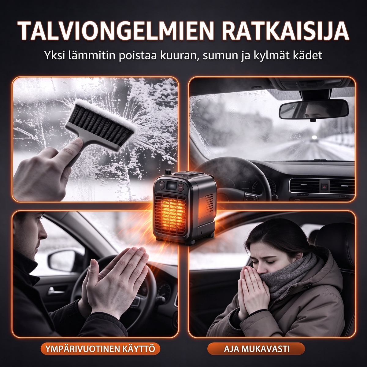 Kaksin yhdessä kannettava autonlämmitin ja tuulilasin huurtumisenpoistaja